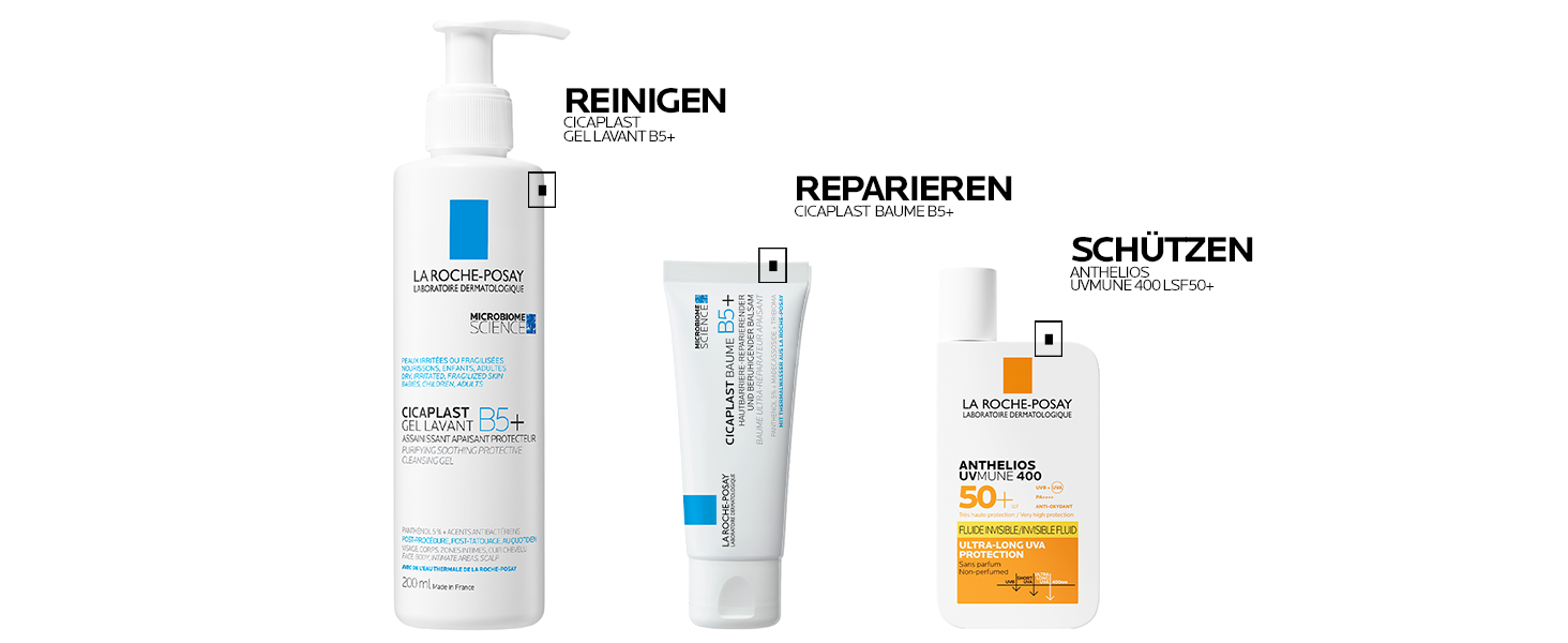 La Roche Posay Cicaplast Baume B5+ Tube, mit Anwendungsbeispielen.